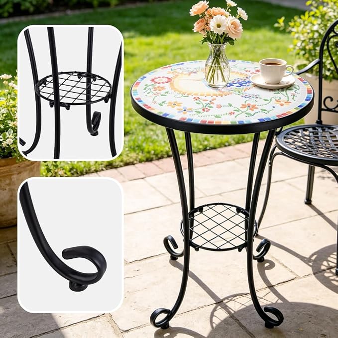 Mosaic Outdoor Side Table Small Round Patio Table Plant Stand | 21" Accent End Table with 14" Ceramic Tile Top for Small Spaces Porch Pool Garden Decor Indoor Living Room Bedroom Balcony