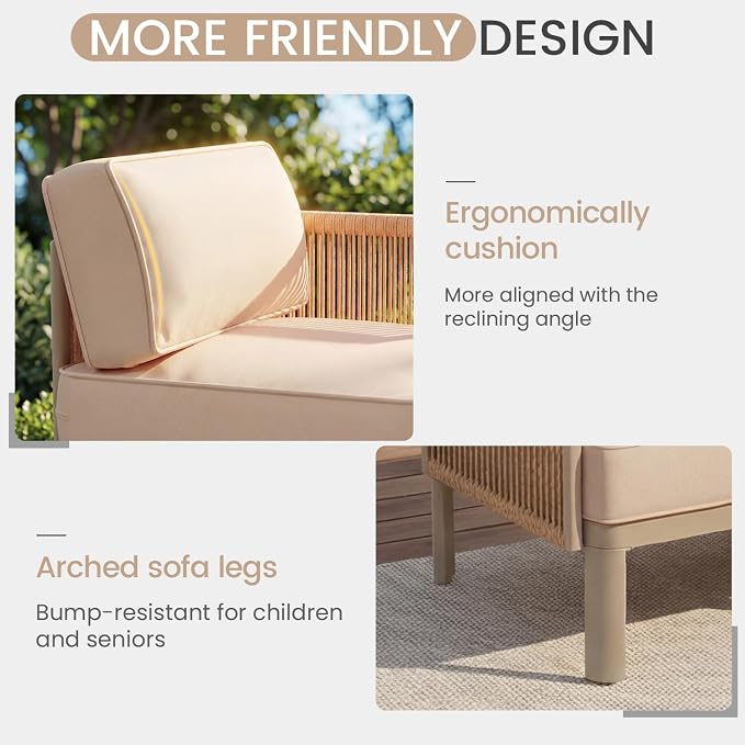 EROMMY 6 Pieces Patio Sectional Furniture Set, Metal Frame Outdoor Conversation Set with Ottoman, 6" Thick Cushions & Coffee Table, All-Weather Sectional Sofa for Poolside, Deck, Backyard, Beige