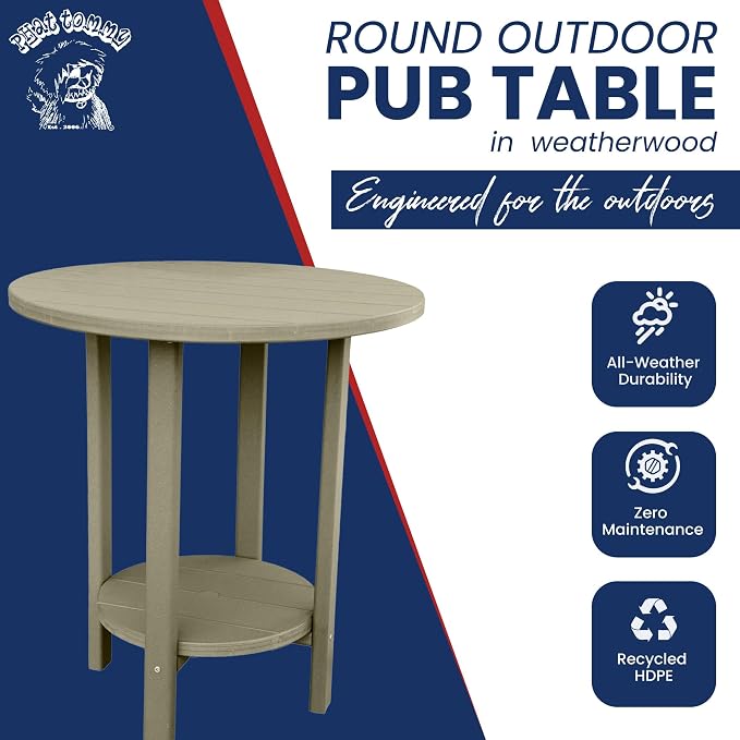 Phat Tommy Round Bar Height Patio Table - Outdoor Bar Table - Balcony Height Patio Furniture for Your Deck - Poly Outdoor Furniture, Weatherwood