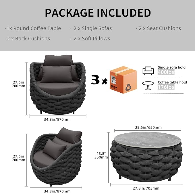 TWT 3 Pieces Aluminum Patio Furniture Set, Hand Woven Textilene Rope Outdoor Sofa Set w/Washable Cushion and Rock Slab Tabletop, Conversation Furniture for Livingroom Poolside Balcony (Dark Grey)