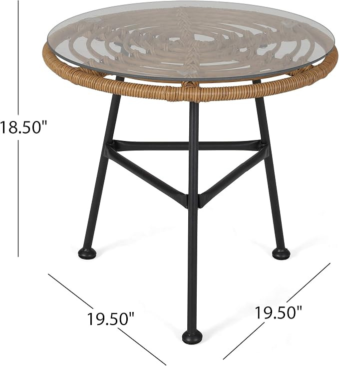 Great Deal Furniture Rodney Outdoor Woven Faux Rattan Side Table with Glass Top, Light Brown and Beige Finish (309168)