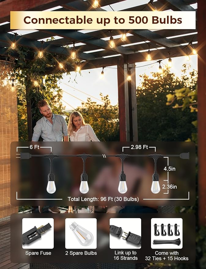 XMCOSY+ Outdoor String Lights, 96FT Patio Lights with 32 LED Bulbs | Shatter-resistant build, waterproof hanging lights for porch, backyard, garden, party and balcony decor