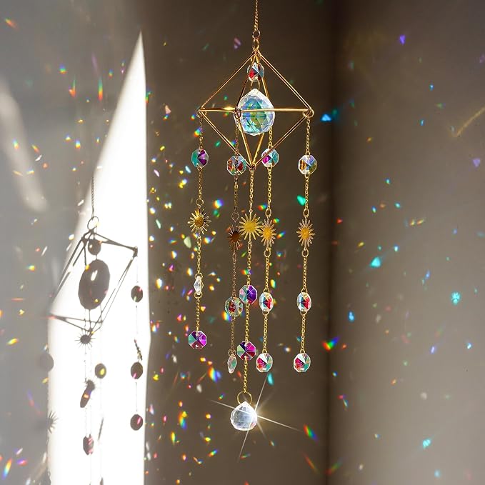 17''Crystal Prisms Suncatcher for Window Hanging Sun Catcher Indoor Window | Small Gold-Plated,Crystal Wind Chimes,Rainbow Maker,Whimsical Decor,Home Garden Christmas Tree Decoration,gift For Women Mom