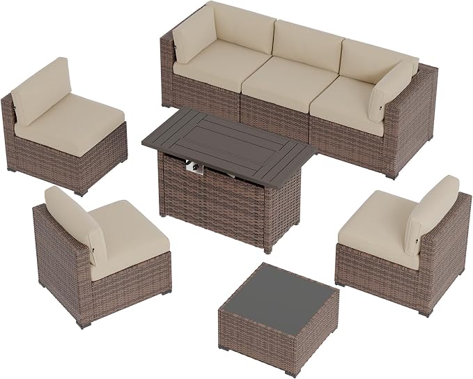 Aoxun Patio Furniture Sets, 8-Piece Outdoor Patio Furniture with 44'' Propane Gas Firepit Table, Wicker Outdoor Conversation Set Sectional Sofa for Backyard, Poolside, Garden (Black Cushion)