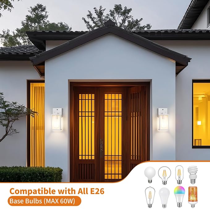 2 Pack White Dusk to Dawn Front Porch Lighting Fixtures Wall Mount, Sensor Outside Exterior Lights for House, Outdoor Lantern Lamp, Waterproof Wall Sconce Lights, Coach Light for Garage Entryway