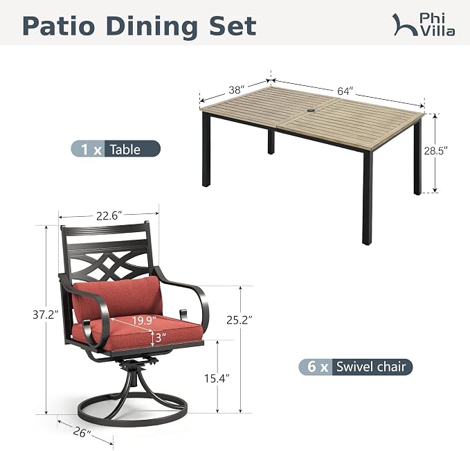 PHI VILLA Patio Dining Set, Swivel Chairs, Metal Table | Metal chairs, Red Cushion, Umbrella Hole, Cushions, E-coated