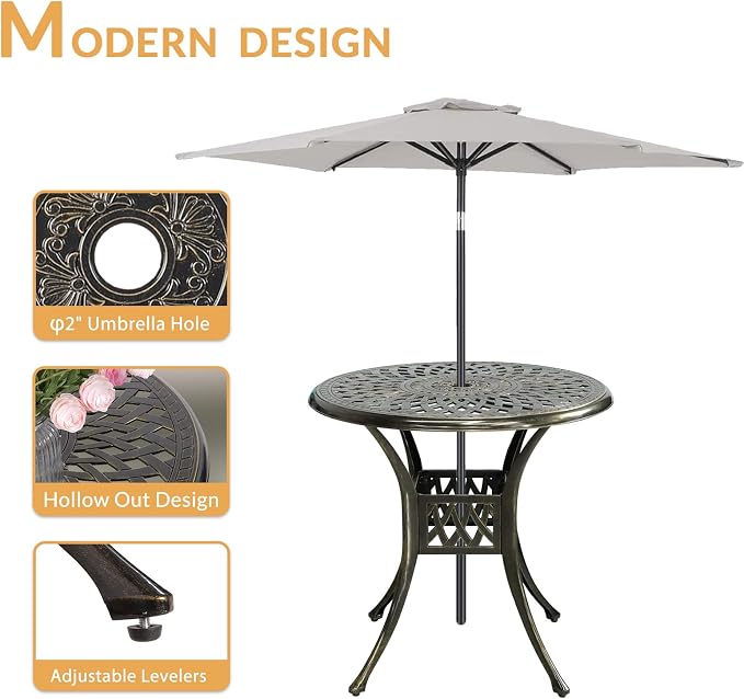 Outdoor Cast Aluminum Patio Table, 31” Round Bistro Table with 2” Umbrella Hole for Patio Furniture Garden Deck Backyard