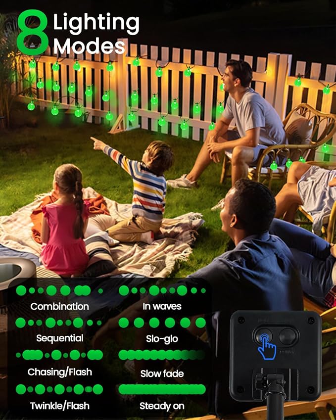 LORRYTE Solar String Lights Outdoor 2 Pack 64FT 100 LED Green Patio Lights | Crystal Globe, IP65 Waterproof, Auto On/Off, 8 Modes Solar Powered Light for Outside Halloween Party Garden Yard Decorations