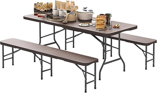 Goplus 6 FT 3-Piece Portable Picnic Table Bench Set, HDPE Rattan-Like Plastic Folding Picnic Tables with Benches, Foldable Patio Camping Beer Table, Indoor & Outdoor Folding Table and Chairs