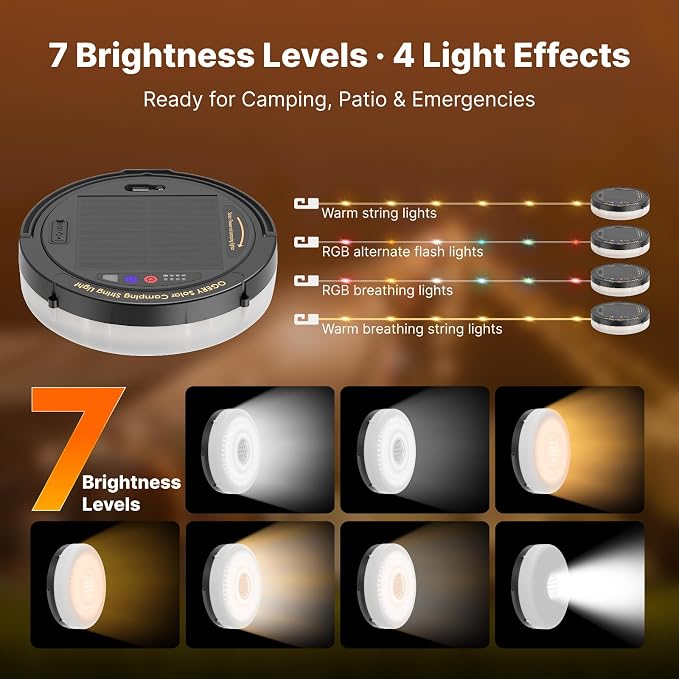 Solar Camping String Lights, 5400mAh/ 49.2FT/ 11 Modes Rechargeable | Camping Lights Outdoor/Indoor, 4-in-1 Quick Storage Fairy Tent Lights Portable LED Lamp for Patio Yard Party Decor Essentials