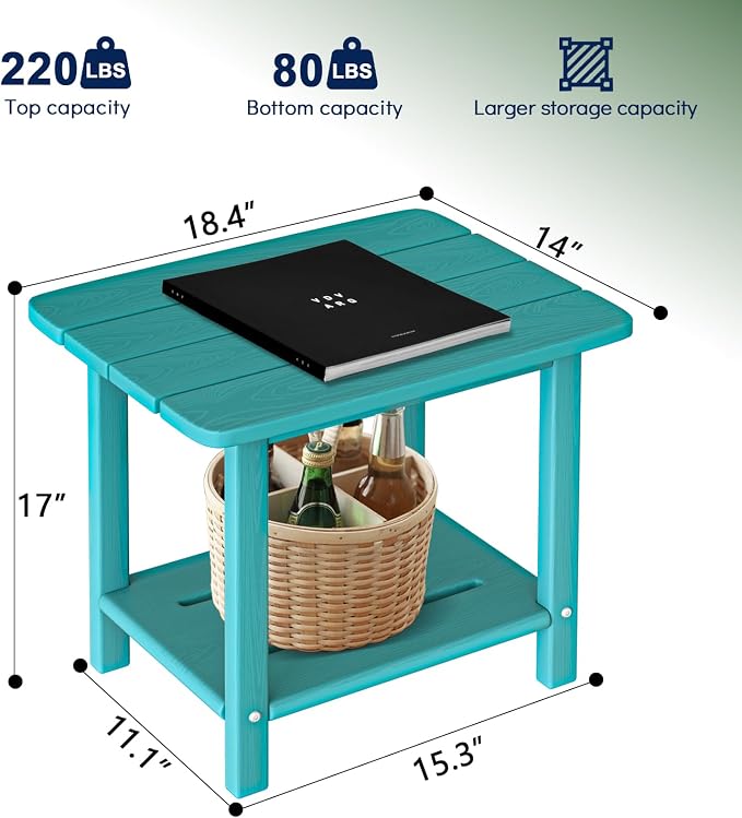 nevilywood 2-Tier End Table, Outdoor Adirondack Side Tables, Whether resisted HDPE, Wood Texture - Poolside, Patio,Lawn & Aruba Blue