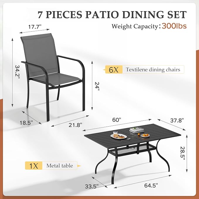 Crownland 7-Piece Outdoor Dining Set, Patio Textilene Dining Sets, 6 Metal Textilene Chairs and Rectangular Outdoor Dining Table with 1.57" Umbrella Hole(Grey)