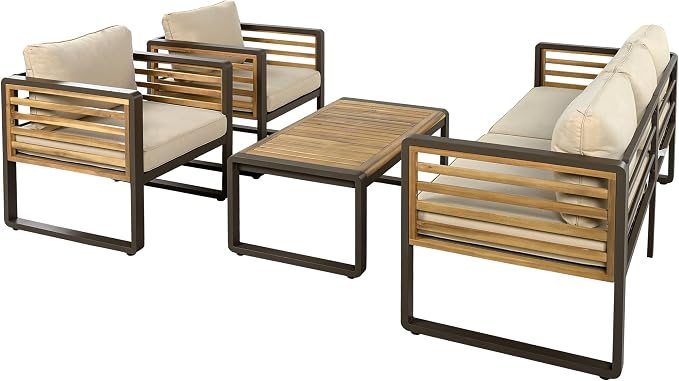Large 4-Piece Outdoor Patio Sofa Set for 5 People,Garden Conversation Set with Removable Cushions,Metal & Wood Frame,Acacia Wood Tabletop,Modern Minimalist Design,Waterproof and UV-Proof, Brown