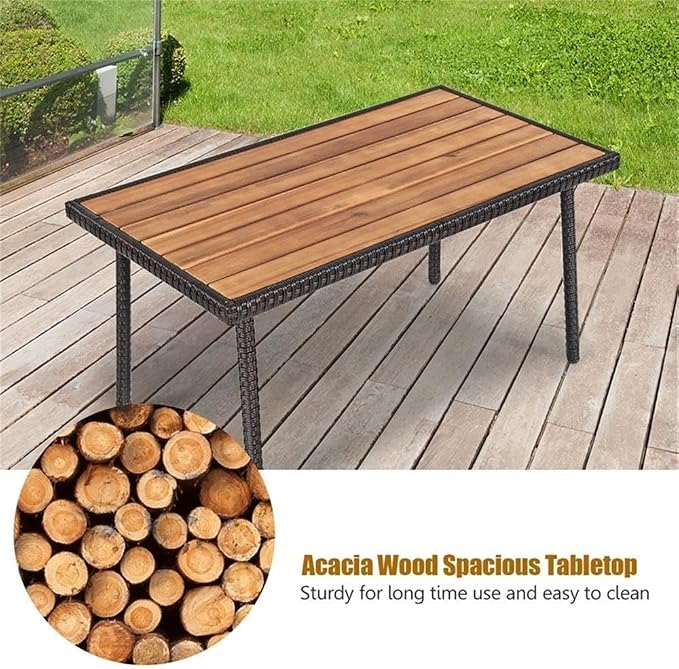 Pemberly Row 4-Piece Patio Rattan Furniture Conversation Set, Brown PE Wicker and Steel Frame, Acacia Wood Table, Ergonomic Design with Cushions, Indoor or Outdoor Seating for Garden or Patio Use