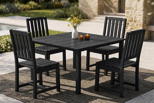 HDPE Outdoor Dining Set for 4, Square Table & Chairs Set | • All-Weather Polywood Composite • 410 lbs Heavy-Duty Support • Built-In 2" Umbrella Hole • Easy Soap-Water Wash