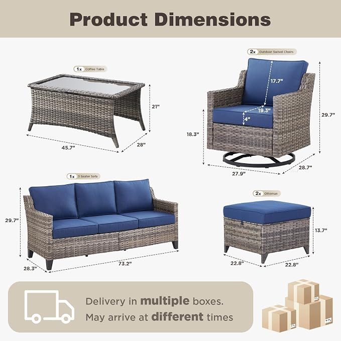 Belord Patio Wicker Swivel Rocker Patio Chairs with Coffee Table and 3-Seater Sofa, Outdoor Furniture Set for Deck Porch Garden, 6 Piece Luxury Patio Furniture Set, Blue