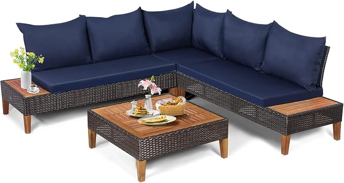 Tangkula 4 Pieces Acacia Wood Patio Furniture Set, Patiojoy L Shaped Wicker Corner Sectional Sofa Set with Thick Cushions, Coffee Table, for Backyard, Garden, Poolside and Deck (Navy Blue)