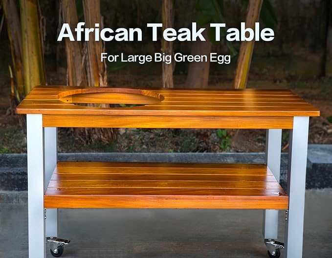 African Teak Grill Table for Large Big Green Egg, Outdoor Wood Table with Aluminum Legs and 3-Inch Locking Casters,Low Maintenance & Easy Assembly Tables for Garden | Natural