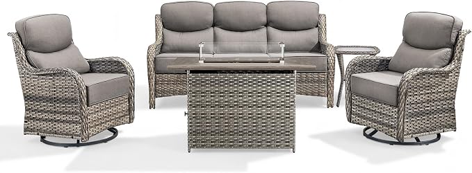 Luxury Patio Furniture Set with 6-inch Thick Cushion, Outdoor Furniture with Fire Pit Table, Swivel Chairs, Side Table, Sofa, 5pcs Wicker Conversation Set for Deck Yard Grey Wicker | Grey Cushions