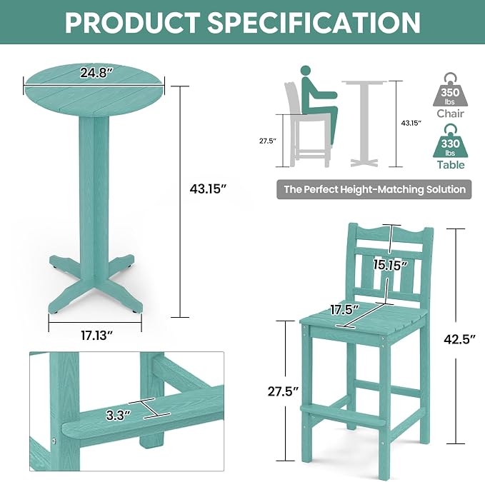 Outdoor Bar Stools Set of 4, HDPE Adirondack Bar Chairs with Backs, All-Weather High Top Patio Chairs, Heavy Duty Armless Bar Height Chair for Balcony, Garden, Deck (Aruba Blue, 4pcs Set)