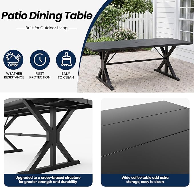 9 Piece Outdoor Dining Set for 8, Metal Patio Table and Chairs with Cushions, Patio Furniture Set with 2 Swivel Chairs, Rectangular Metal Dining Table with Umbrella Hole, Lawn Deck Yard-Navy