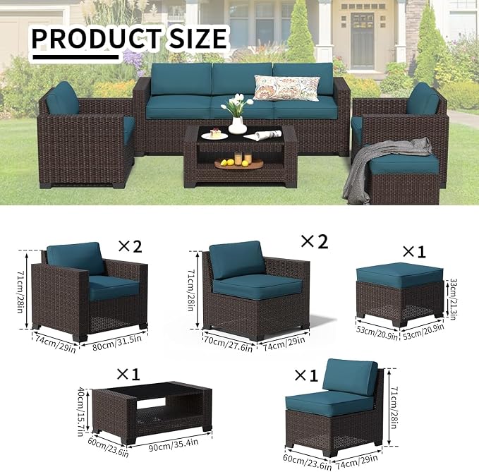 7 Piece Wicker Patio Furniture Set with Outdoor Sectional Sofa, Washable Cushion Covers, Tempered Glass Coffee Table, Rattan Conversation Set for Poolside, Lawn, Balcony