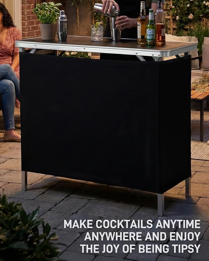 Outvita Portable Bar Table, Outdoor Folding Mobile Bar Counter with 2 Tier Shelves and Black Skirt for Wedding Party Birthday Commercial Activity Musical Festival 39 "L x 34" H
