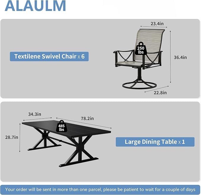 Kurapika 7-Piece Patio Dining Set, Outdoor Cross-Legged Large-Top Table with Umbrella Hole and 6 Swivel/Rocking Chairs, Patio Furniture Set for Garden, Deck, Brown