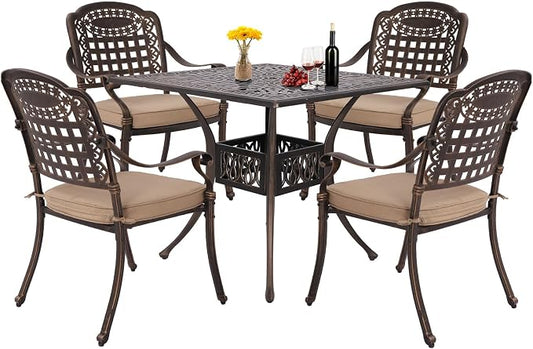 Grepatio 5 Piece Cast Aluminum Patio Dining Set Outdoor Furniture Set Patio Garden Set with 4 Mesh Ding Chairs, 4 Khaki Cushions and 35.4" Square Patio Table 2.4" Umbrella Hole, Antique Bronze