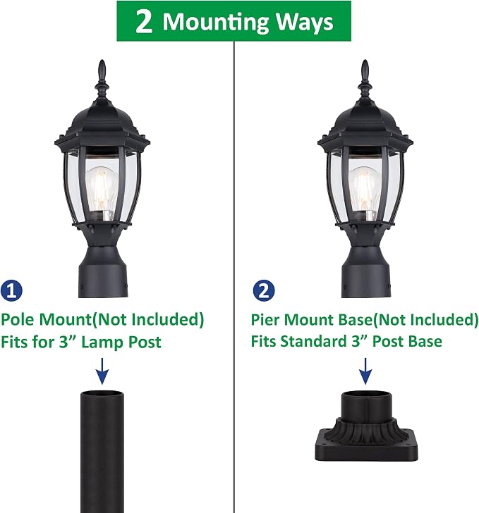 Outdoor Post Light, Rustproof Aluminum Pole Lamp, Black | Exterior Lamp Post Light Fixture for Garden, Yard, Pathway, Waterproof, Glass, E26 Base, Max 60W, 2 Pack