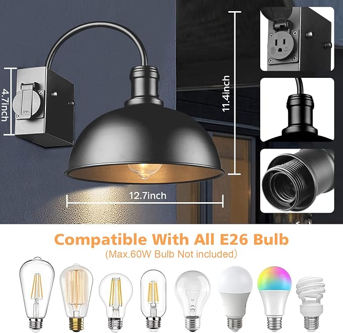 Bdrofn 2-Pack Outdoor Wall Sconces, Exterior Farmhouse Gooseneck Barn Light, Vintage Matte Black Outside Wall Lighting Fixture, Anti-Rust Waterproof Outdoor Light for House Porch Garage Entryway