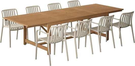Urban Elements Frida Rectangular Extendable Patio Furniture Set | 100% Certified Teak Finish | Backyard Furniture, Outside Table and Chairs, Rectangular Outdoor Dining Set (Sand, 9-Piece)
