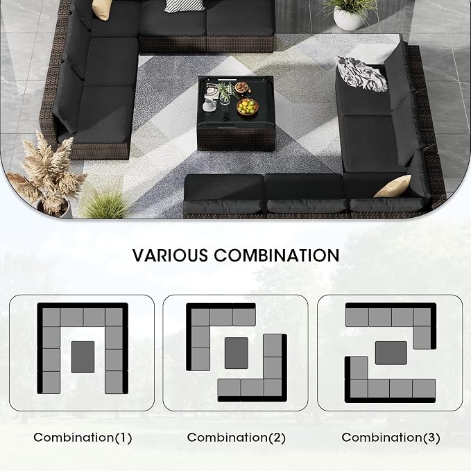 11 Piece Patio Furniture Set All Weather PE Rattan Outdoor Sectional Sofa Couch with No-Slip Cushions and Glass Top Table for Garden, Poolside, Backyard (Black)