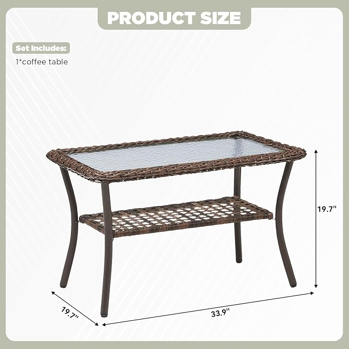 Outdoor Wicker Sofa & Coffee Table Set, 2 PCS Patio Sofa with 4" High-Resilience Cushions, Ergonomic Curved Armrests & 300lb Heavy Duty Frame for Small Spaces, Porch, Balcony, Blue
