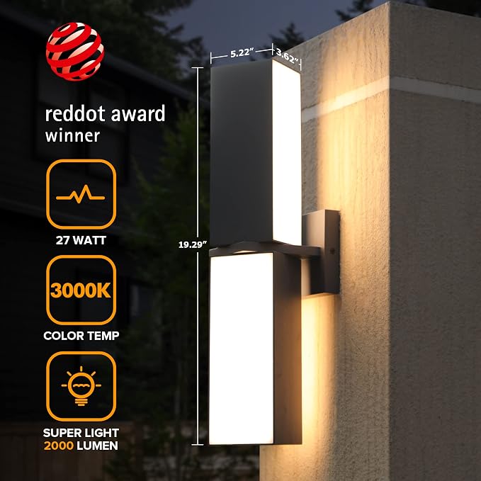 LUTEC Cuba 3000K 2000LM LED Porch Wall Light Outdoor, Modern Exterior Lights Fixture, Waterproof Wall Lamp Sconce Outside for House, Patio, Home, Entryway-Grey