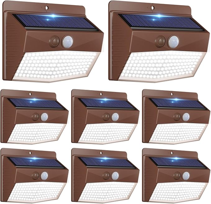 Solar Outdoor Lights, [8 Packs] Motion Sensor Security Lights with 3 Lighting Modes Wall Lights Waterproof Solar Powered Lights for Garden Yard, Brown