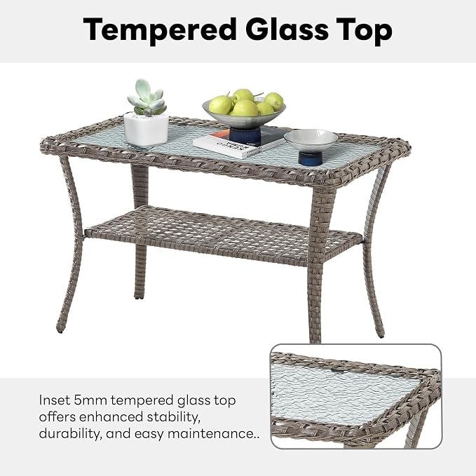 Belord 40 Inch Rectangular Coffee Table - Grey Wicker Outdoor Table with 2-Layer Storage, Tempered Glass Top, Rattan Patio Furniture for Balcony, Porch, Deck