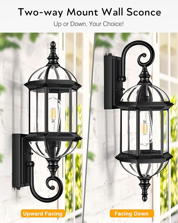 VIANIS 22" Large Porch Lights Outdoor, Black Dusk to Dawn Outdoor Lighting, Anti-Rust Exterior Lighting fixtures with Tempered Beveled Glass, Outdoor Lights for House, Patio, Two Mounting Options