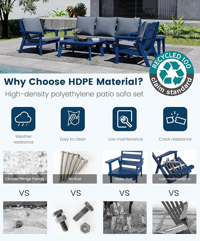 FOOWIN 7-Piece Patio Furniture Set, HDPE All-Weather Outdoor Conversation Set with Thick Cushions, Sectional Patio Sofa Furniture for Deck, Porch, Lawn, Garden, Navy Blue Frame & Grey Cushion