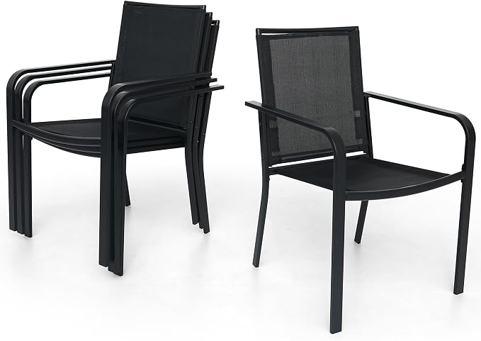5 Piece Outdoor Patio Dining Set with 40" Round Glass Table, Black Chairs | 4 Piece Stackable Chairs Textilene Seat and Back, Table and Chair with Metal Frame, Round Glass Table Top, 1.7" Umbrella Hole