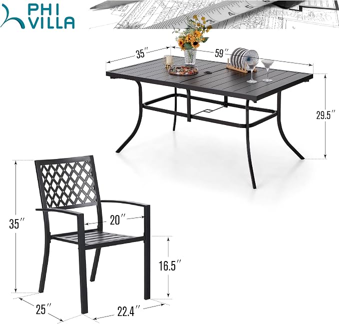 PHI VILLA 7 Pcs Patio Dining Set for 6, Rectangular Metal Table | 60”Black Metal Table with Umbrella Hole&Wrought Iron Chairs, Patio Furniture Set for Patio, Deck, Porch, Backyard