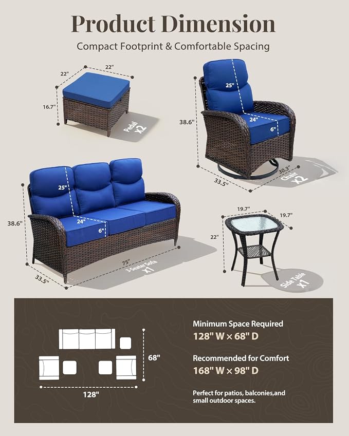 Patio Furniture Set with Luxury 6" Cushions, 6 Pcs Swivel Rocking Patio High Back Chairs and Couch, Outdoor Wicker Conversation Set for Deck, Porch, Backyard, Poolside, Blue