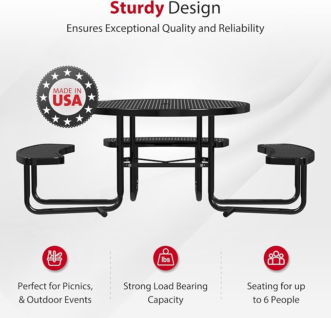 Leisure Craft Metal Picnic Table with Bench - 46" Round Outdoor Dining Table with Umbrella Hole, Heavy Duty Thermoplastic Coating, ADA Compliant, Commercial Grade Furniture Made in USA - Black