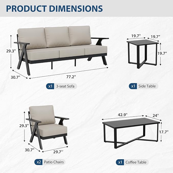 COOS BAY Iron Luxe 5 Piece Outdoor Patio Furniture Set, Modern Patio Conversation Set with 2 Patio Chairs, a 3 Seat Couch, Coffee Table & Side Table for Deck, Garden, Porch, Black/Beige