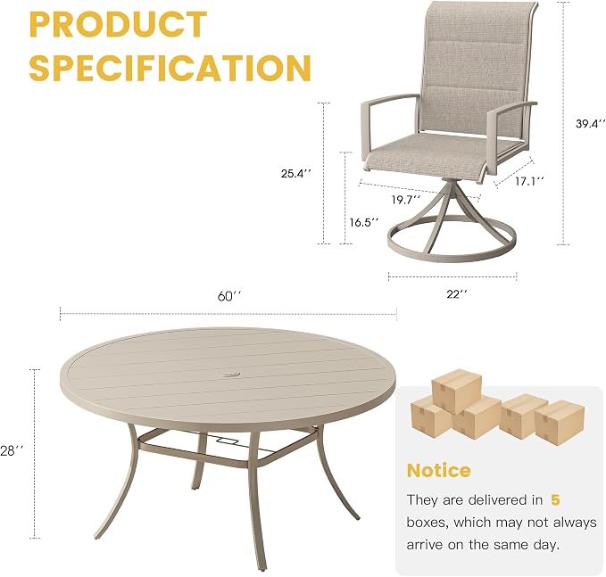 VICLLAX Outdoor Dining Set for 8, Outdoor Furniture Includes 60" Round Patio Table and Swivel Padded Chairs, Sandshell Color Tabletop and Fabric