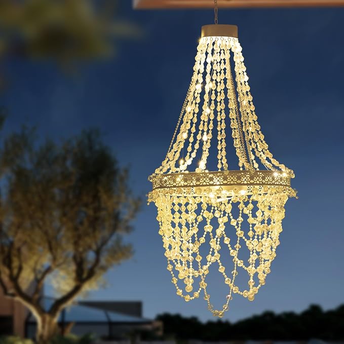 Solar Hanging Crystal Chandelier Outdoor Decorative Garden Light | Acrylic crystals with 54 warm LEDs powerful solar battery for elegant, waterproof garden gazebo, party, wedding, tree decor