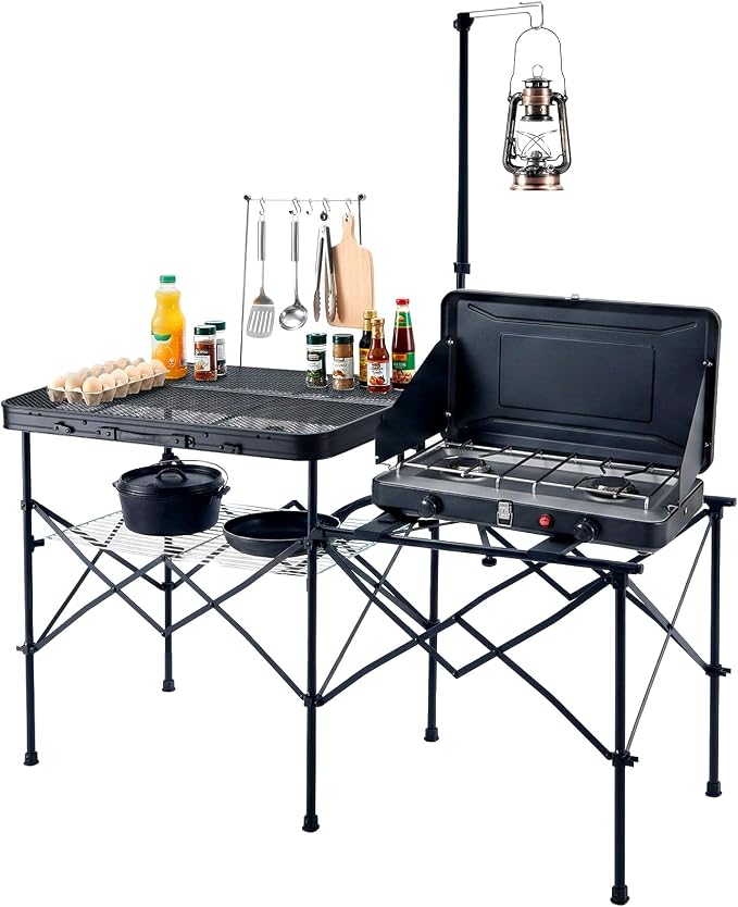 TIMBER RIDGE Portable Camping Kitchen Station, Folding Outdoor Grill Table | 110lbs Capacity Heat-Resistant Steel Mesh Top & Storage Shelves, Heavy Duty Picnic RV Tailgating BBQ Easy Setup