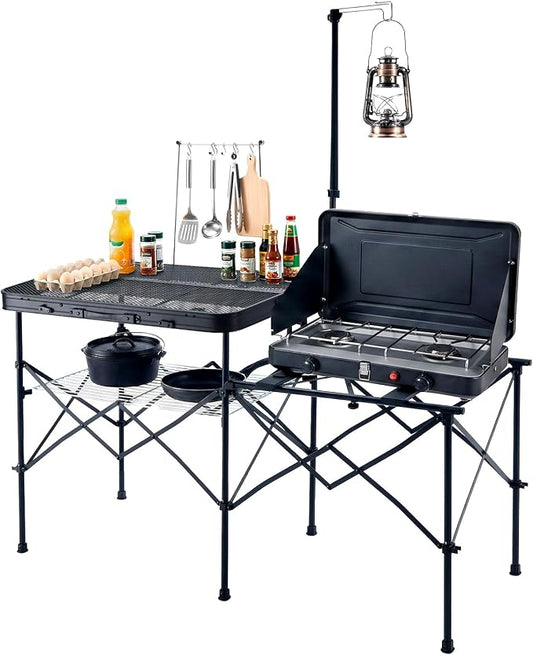 TIMBER RIDGE Portable Camping Kitchen Station, Folding Outdoor Grill Table | 110lbs Capacity Heat-Resistant Steel Mesh Top & Storage Shelves, Heavy Duty Picnic RV Tailgating BBQ Easy Setup