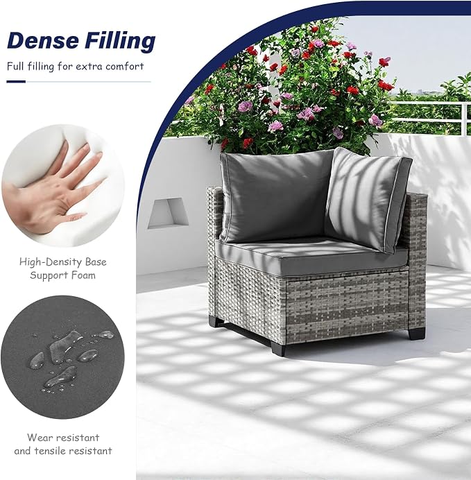 7-Piece Outdoor Patio Furniture Set, Gray PE Rattan Sectional Sofa with Light Grey Cushions and Steel Frame, Coffee Table Included, Modular Outdoor Conversation Set for Patio Garden Poolside
