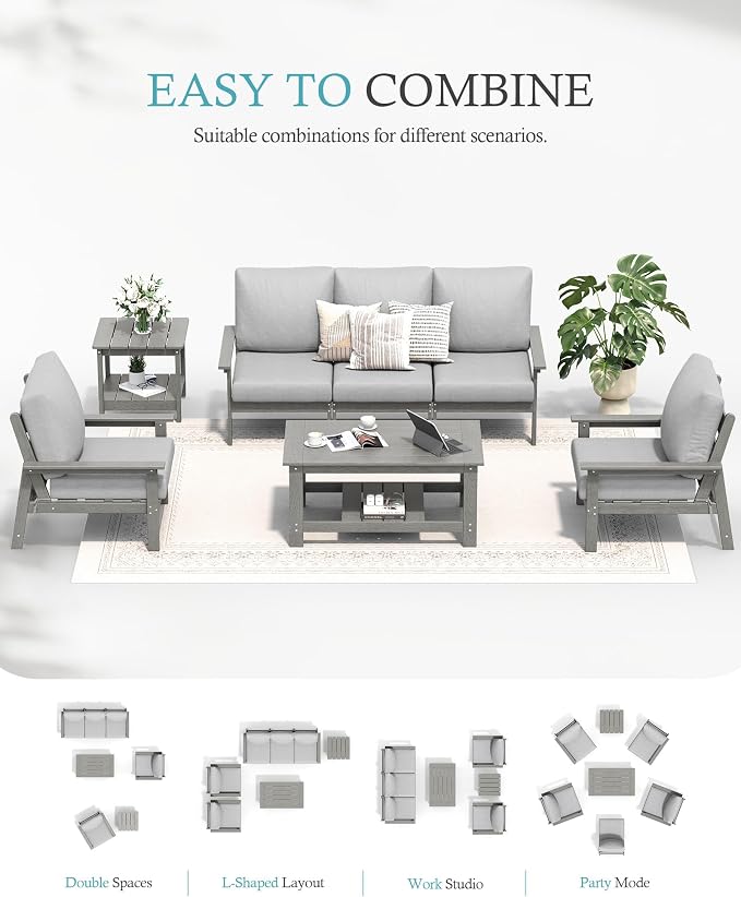 Ciokea Modular Patio Furniture Set with Thicked Cushions, 7Pcs All-Weather Outdoor Conversation Set with Coffee Table & Side Table, Modern Sectional Sofa Set for Deck (Grey Frame/Grey Cushions)
